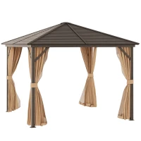 Outsunny 10' x 10' Hardtop Gazebo with Curtains and Netting, Permanent Pavilion Metal Single Roof Gazebo Canopy with Aluminum Frame and Hooks, for Garden, Patio, Backyard, Light Brown(m-1)