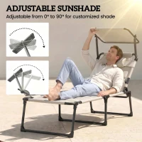 Outsunny 2 Pcs Outdoor Lounge Chair, 4 Position Adjustable Backrest, Folding, Cushioned w/ Sun Shade Roof & Pillow, Cream White(m-6)