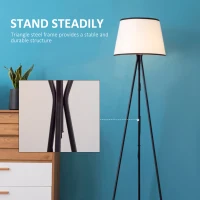 HOMCOM Modern Tripod Floor Lamp, Freestanding Lamp w/ Fabric Lampshade and E26 Base for Living Room, No Bulb - Black(m-5)