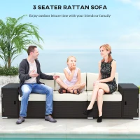 Outsunny 3 Seater Wicker Outdoor Couch Patio Sofa with Storage, Thickened Cushions and Wide Armrests for Porch Yard, Cream White(m-4)