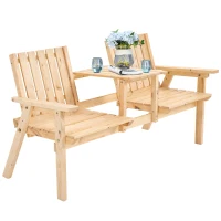 Outsunny Patio Bench, Garden Bench with Middle Table and Umbrella Hole, Wooden Outdoor Bench for Patio, Porch, Poolside, Balcony, Natural(m-11)