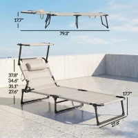 Outsunny 2 Pcs Outdoor Lounge Chair, 4 Position Adjustable Backrest, Folding, Cushioned w/ Sun Shade Roof & Pillow, Cream White(m-3)