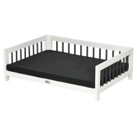 PawHut Wood Dog Bed with Supportive Cushion, Elevated Dog Bed with Removable Cushion Cover, Cute Dog Bed Frame with Pine Wood, Black and White Dog Bed(m-11)