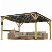 Outsunny 10' x 14' Wooden Gazebo, Hardtop Lean-to Gazebo Pergola with Galvanized Steel Sloped Roof, Bar Shelf, Natural Wood(m-1)