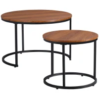 HOMCOM Round Nesting Tables Set of 2, Stacking Coffee Table Set with Metal Frame for Living Room, Dark Walnut(m-1)
