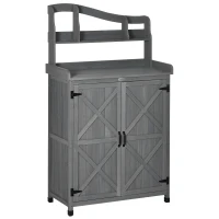 Outsunny Outdoor Storage Cabinet & Potting Table, Wooden Gardening Bench with Patio Cabinet and Magnetic Doors, Grey(m-1)