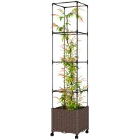 Outsunny Raised Garden Bed with Trellis, Tomato Cage with Lockable Wheels, Self Watering Planter Box with Drainage Holes, Brown(m-1)
