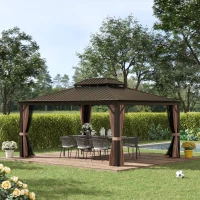 Outsunny 12' x 16' Hardtop Gazebo with Curtains and Netting, Permanent Pavilion Metal Double Roof Gazebo Canopy with Aluminum Frame and Hooks, for Garden, Patio, Backyard, Brown(m-2)