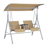Outsunny 2-Seater Outdoor Porch Swing with Canopy and Table, Patio Swing Chair for Garden, Poolside, Backyard, Beige(m-1)