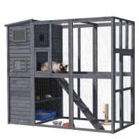 PawHut Large Cat House Outdoor Catio Wooden Feral Cat Shelter, Kitten Enclosure with Door, Cat Condo and Weather Protection Asphalt Roof, 77" L, Gray(m-1)