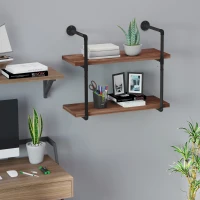 HOMCOM 2-Tier Industrial Pipe Shelves, Floating Wall Mounted Bookshelf, Metal Frame Display Rack for Living Room or Bedroom, Rustic Brown(m-13)