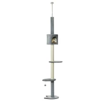 PawHut 100" Cat Tree Height Adjustable Floor-to-Ceiling 4-Tier Kitty Climbing Activity Center Condo Cat Toy with Scratching Post Hanging Balls Play Rest Post Pet Furniture Grey(m-11)