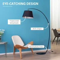HOMCOM Arched Floor Lamp, Modern Standing Lamp with Foot Switch & Metal Base, Corner Reading Lamps Tall Pole Light for Office Bedroom Living Room, Black(m-4)