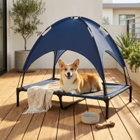 PawHut Elevated Portable Dog Cot Pet Bed with UV Protection Canopy Shade, 36 inch, Dark Blue(m-2)