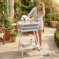 PawHut Dog Bath Tub Dog Washing Station, Elevated Foldable Dog Bathtub with Hose, Storage Shelf, for Small Dogs Puppies Gray(m-10)