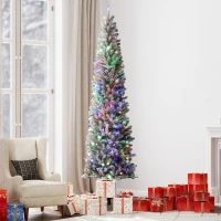 HOMCOM 9 ft Pencil Christmas Tree, Pre-Lit Flocked Xmas Tree with Dual Color LED Lights, 895 Tips and Metal Stand, Green(m-10)