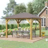 Outsunny 10' x 12' Hardtop Gazebo with Galvanized Steel Roof, Wooden Frame, Permanent Pavilion Outdoor Gazebo Canopy, for Patio, Garden, Backyard, Deck, Lawn, Brown(m-2)