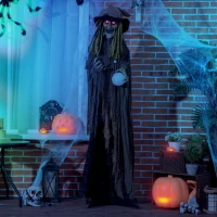 Outsunny 74" Life Size Outdoor Halloween Decorations Talking Zombie Witch, Animated Prop with Sound and Motion Activated Light Up Eyes and Multicolored Crystal Ball, Green(m-16)