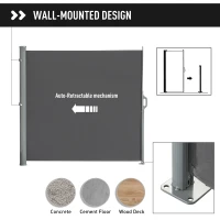 Outsunny 10' Retractable Folding Patio Privacy Side Awning with 50+ UV Protection, 2 Wall Brackets, & Polyester, Grey(m-6)