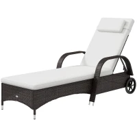 Outsunny Wicker Outdoor Chaise Lounge, 5-Level Adjustable Backrest PE Rattan Pool Lounge Chair with Wheels, Cushion & Headrest, Brown and Cream White(m-11)