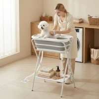 PawHut Dog Bath Tub Dog Washing Station, Elevated Foldable Dog Bathtub with Hose, Storage Shelf, for Small Dogs Puppies Gray(m-2)