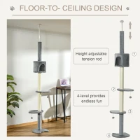PawHut 100" Cat Tree Height Adjustable Floor-to-Ceiling 4-Tier Kitty Climbing Activity Center Condo Cat Toy with Scratching Post Hanging Balls Play Rest Post Pet Furniture Grey(m-5)