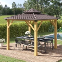Outsunny 10' x 10' Hardtop Gazebo with Galvanized Steel Double Roof, Wooden Frame, Permanent Pavilion with Ceiling Light Hook, for Garden, Patio, Backyard(m-10)