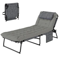 Outsunny Folding Chaise Lounge Pool Chair with 4-level Reclining Back, Cushion, Side Pocket, Headrest, Gray(m-11)