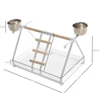 PawHut Portable Bird Play Perch Stand with Wooden Perch, Stainless Steel Feeding Bowls, & an Easy-Clean Tray, White(m-3)