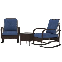 Outsunny 3 Piece Wicker Patio Furniture Set, Outdoor PE Rattan Rocking Chairs with Coffee Table, Cushions for Porch, Brown(m-1)