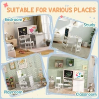 Qaba 3 in 1 Kids Table and Chair Set with Storage, Whiteboard, Blackboard & Roll Paper for 3-8 Years, White(m-8)