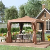 Outsunny 9.7' x 9.7' Patio Gazebo, Aluminum Frame Double Roof Outdoor Gazebo Canopy Shelter with Netting & Curtains, for Garden, Lawn, Backyard and Deck, Brown(m-2)