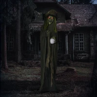 Outsunny 74" Life Size Outdoor Halloween Decorations Talking Zombie Witch, Animated Prop with Sound and Motion Activated Light Up Eyes and Multicolored Crystal Ball, Green(m-3)