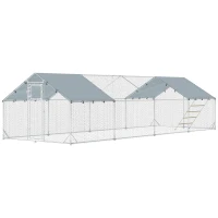 PawHut Metal Chicken Coop, 26' x 10' x 6.4' Large Chicken Run with Feeding Door, Waterproof Cover, Hanging Feeder, Perch(m-1)