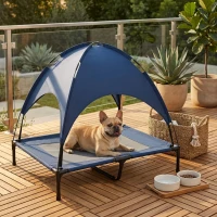 PawHut Elevated Portable Dog Cot Pet Bed with UV Protection Canopy Shade, 36 inch, Dark Blue(m-10)