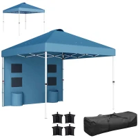 Outsunny 10' x 10' Pop Up Canopy Tent w/ Sidewall, UPF50+ Height Adjustable Instant Sun Shelter w/ Storage Pockets, Sea Blue(m-11)