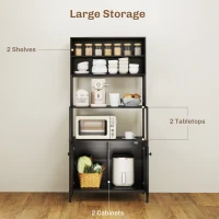 HOMCOM Baker's Rack with Power Outlet and Storage Shelves, Microwave Stand with Louvred Door Cabinets, Black(m-5)
