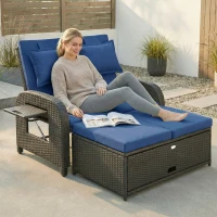 Outsunny Patio Rattan Daybed, Wicker Outdoor Daybed with Storage Ottoman, Loveseat w/ Adjustable Backrest, Navy Blue(m-2)