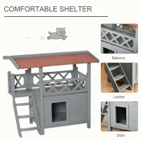 PawHut Wooden Cat House, 2-Floor Feral Cat Shelter, Kitten Condo Outdoor, Small Dog House with Balcony, Stairs, Asphalt Roof, Gray(m-4)