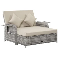 Outsunny Patio Rattan Daybed with Cushions, Wicker Outdoor Bed Lounger w/ Loveseat, Storage Ottoman, Coffee & Side Tables, for Poolside, Porch, Backyard, Gray(m-1)