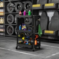 HOMCOM 3-Tier Rolling Tool Cart, 200 LBS Capacity Plastic Utility Cart with Side Shelves for Garage Workshop, Black(m-10)