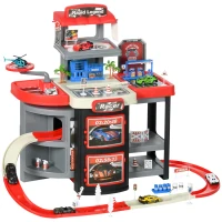 Qaba City Garage Playset with 65 Accessories, 2 in 1 Design Children Trolley, Car Ramp Toy Set with 6 Mini Racer Cars, Gifts for Kids Ages 3-6 Years Old(m-11)