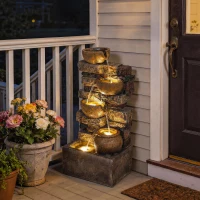 Outsunny 28" Outdoor Fountain with 5-Tier Rustic Jugs, Cascading Waterfall with LED Lights, Adjustable Flow, Rustic Brown(m-9)
