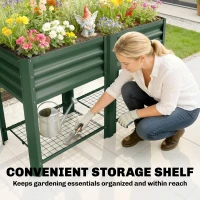 Outsunny Raised Garden Bed Galvanized Steel, Elevated Planter Box with Storage Shelf, Bed Liner, 31.5" High, Green(m-7)