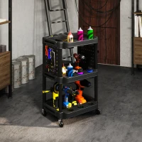 HOMCOM 3-Tier Rolling Tool Cart, 200 LBS Capacity Plastic Utility Cart with Side Shelves for Garage Workshop, Black(m-8)