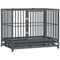 PawHut 43" Heavy Duty Dog Crate Metal Cage Kennel with Lockable Wheels, Double Door and Removable Tray, Gray