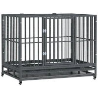 PawHut 43" Heavy Duty Dog Crate Metal Cage Kennel with Lockable Wheels, Double Door and Removable Tray, Gray(m-1)