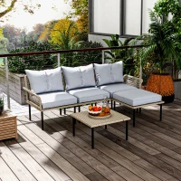 Outsunny 5-Piece Rattan Patio Furniture Set with Sofa, Chaise Lounge, Coffee Table, Footstools, Cushions, Light Gray(m-2)