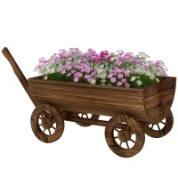 Outsunny Wooden Wagon Planter Box, Mobile Garden Planter with 4 Wheels, Small Wheelbarrow Wagon Flower Cart with Drainage Hole(m-1)