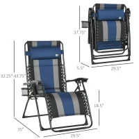 Outsunny XL Oversize Zero Gravity Recliner, Padded Patio Lounger Chair, Folding Chair with Adjustable Backrest, Cup Holder, and Headrest for Backyard, Poolside, Lawn, Striped, Blue(m-3)